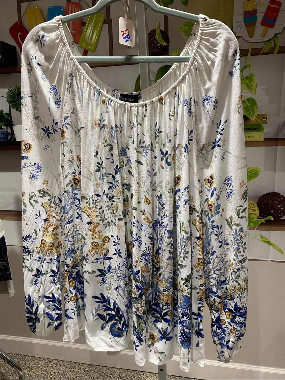 Karen Kane White Peasant Top with Blue & Gold Floral Pattern 2 X. Ptp is 27
